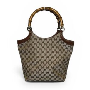 Gucci Bamboo Handle Tote Bag GG Monogram Canvas Brown Leather Trim Vintage